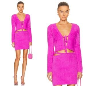 JONATHAN SIMKHAI Axel Fuzzy Knit Hot Pink Cardigan and Paytra Skirt Set Sz L